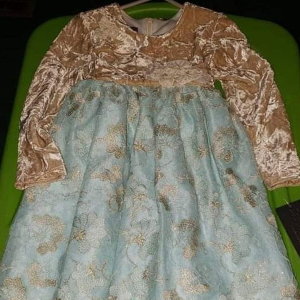Isobella & Chloe Velvet and Lace Princess Dress - Blue and Gold